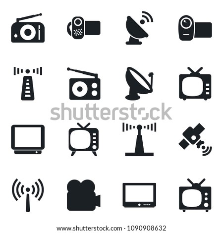 Set of vector isolated black icon - antenna vector, satellite, radio, tv, video camera