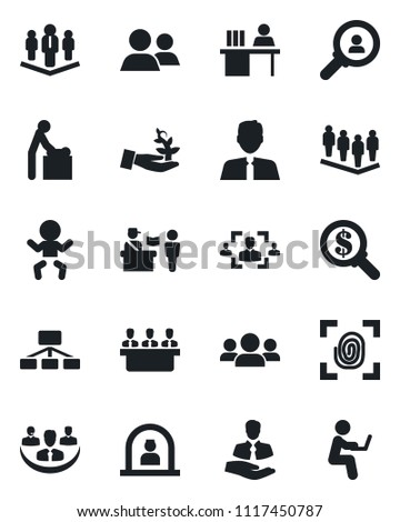 Set of vector isolated black icon - passport control vector, baby, room, reception, team, client, group, company, hr, manager desk, meeting, estate agent, fingerprint, consumer search, palm sproute