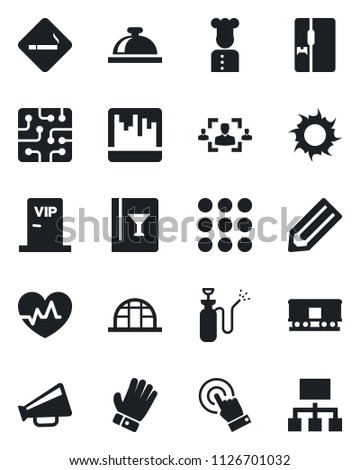 Set of vector isolated black icon - smoking place vector, reception bell, pencil, glove, sun, greenhouse, garden sprayer, heart pulse, railroad, loudspeaker, touch screen, menu, scanner, hr, fridge