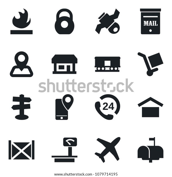 Set of vector isolated black icon - signpost\
vector, navigation, store, plane, satellite, 24 hours, mobile\
tracking, container, cargo, warehouse storage, heavy, flammable,\
scales, railroad, mailbox
