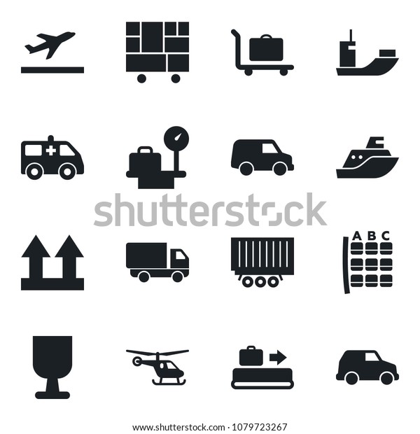 Set\
of vector isolated black icon - departure vector, baggage conveyor,\
trolley, helicopter, seat map, luggage scales, ambulance car, sea\
shipping, truck trailer, delivery, consolidated\
cargo