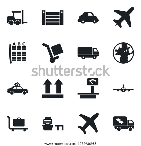 Set\
of vector isolated black icon - plane vector, baggage trolley,\
alarm car, fork loader, seat map, earth, delivery, sea port,\
container, cargo, up side sign, heavy scales,\
moving