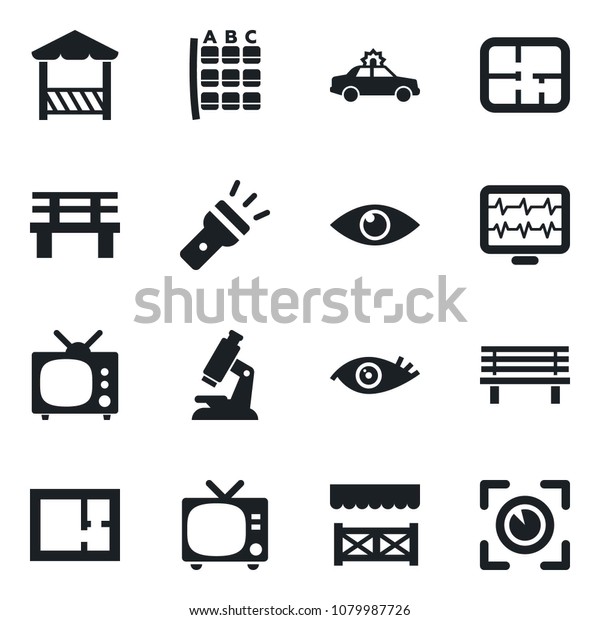 Set of vector isolated black icon - tv vector, alarm\
car, seat map, bench, monitor pulse, microscope, eye, torch, plan,\
alcove, scan