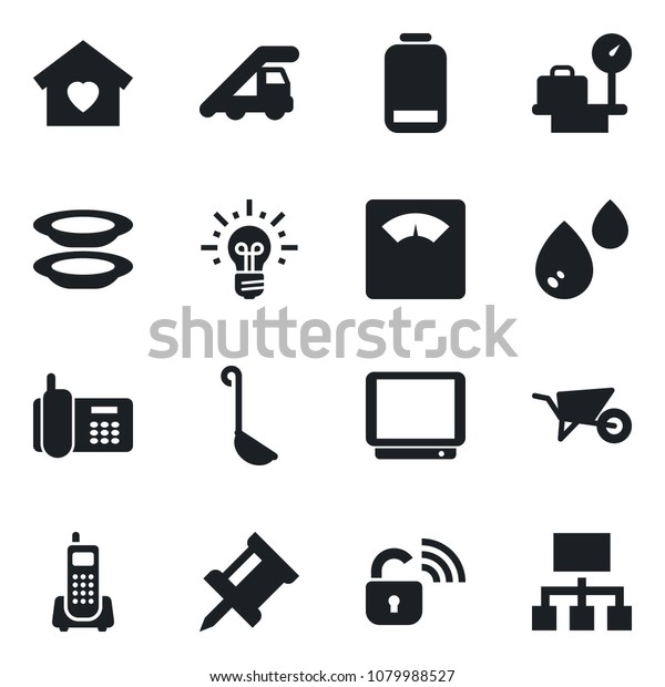 Set of vector isolated black icon - ladder car\
vector, luggage scales, wheelbarrow, office phone, tv, low battery,\
drawing pin, sweet home, plates, ladle, wireless lock, water, idea,\
hierarchy