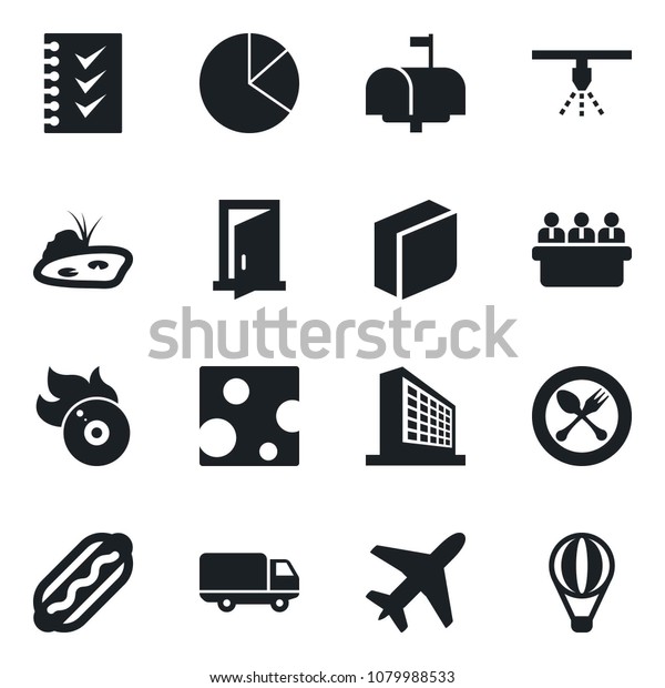 Set of vector isolated black icon - plane\
vector, spoon and fork, office building, meeting, car delivery,\
flame disk, pie graph, blank box, checklist, pond, mailbox, hot\
dog, cheese, door,\
sprinkler