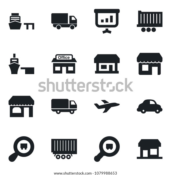Set of vector isolated black icon - shop\
vector, store, plane, truck trailer, car delivery, sea port, search\
cargo, presentation,\
storefront