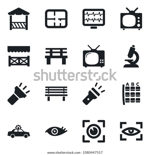 Set of vector isolated black icon - alarm car\
vector, seat map, bench, monitor pulse, microscope, eye, torch,\
plan, tv, alcove, scan