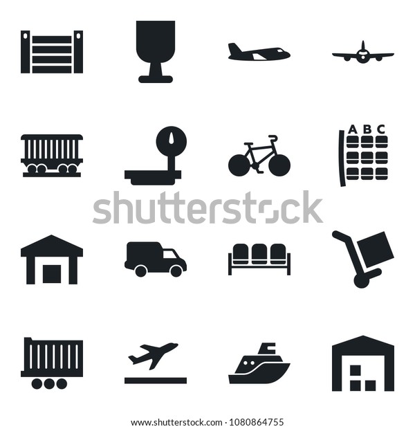 Set of vector isolated black icon - departure\
vector, waiting area, plane, seat map, bike, railroad, sea\
shipping, truck trailer, car delivery, container, fragile, cargo,\
warehouse, heavy scales