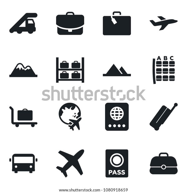 Set of vector isolated black icon\
- suitcase vector, baggage trolley, airport bus, passport, ladder\
car, seat map, luggage storage, plane globe, mountains,\
case