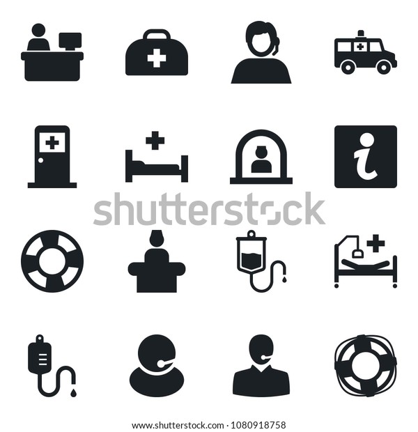 Set of vector
isolated black icon - reception vector, medical room, manager
place, doctor case, dropper, ambulance car, hospital bed, support,
information, crisis
management