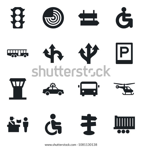 Set of vector\
isolated black icon - airport tower vector, bus, parking, passport\
control, signpost, alarm car, radar, helicopter, disabled, route,\
traffic light, truck\
trailer