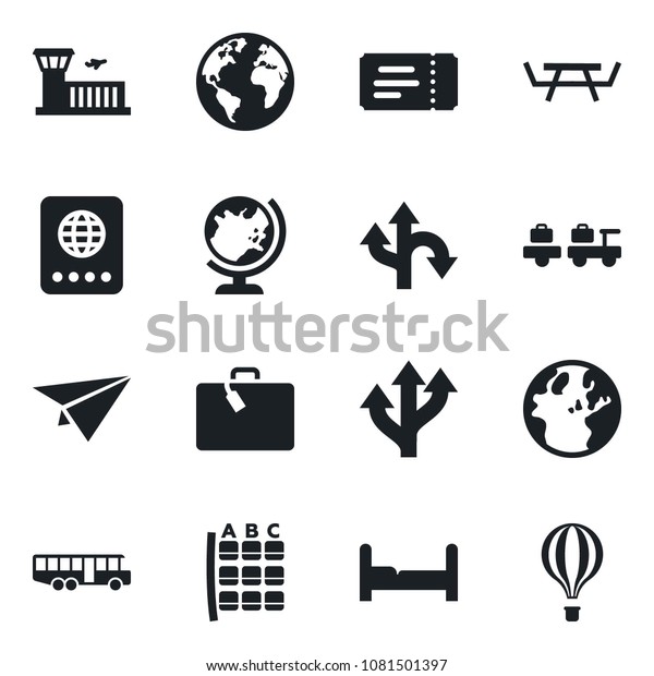 Set of vector isolated black icon - suitcase\
vector, airport bus, ticket, passport, globe, baggage larry, seat\
map, building, picnic table, route, earth, bedroom, paper plane,\
air balloon