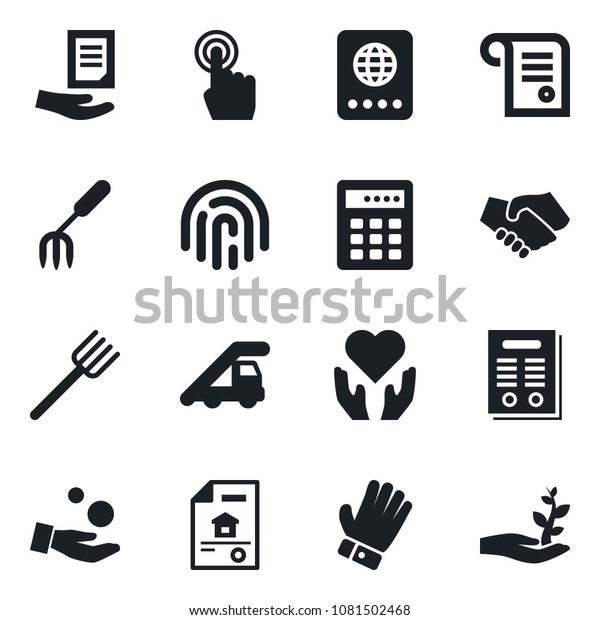 Set of vector isolated black icon - passport\
vector, ladder car, document, garden fork, farm, glove, heart hand,\
touch screen, fingerprint id, contract, estate, combination lock,\
handshake