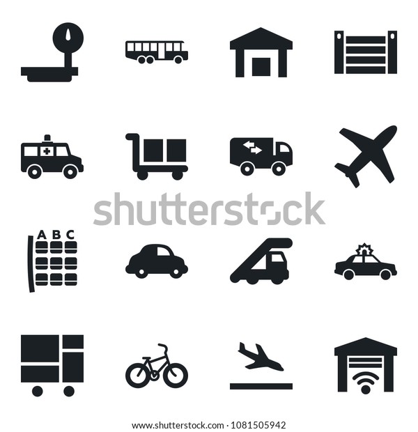 Set\
of vector isolated black icon - arrival vector, airport bus, alarm\
car, ladder, seat map, ambulance, bike, plane, delivery, container,\
consolidated cargo, warehouse, heavy scales,\
moving