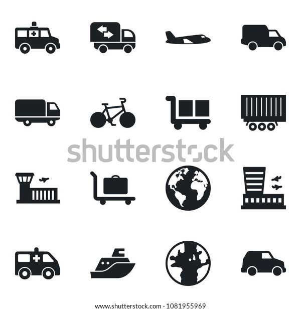 Set of vector isolated\
black icon - baggage trolley vector, plane, airport building,\
ambulance car, bike, earth, sea shipping, truck trailer, delivery,\
cargo, moving