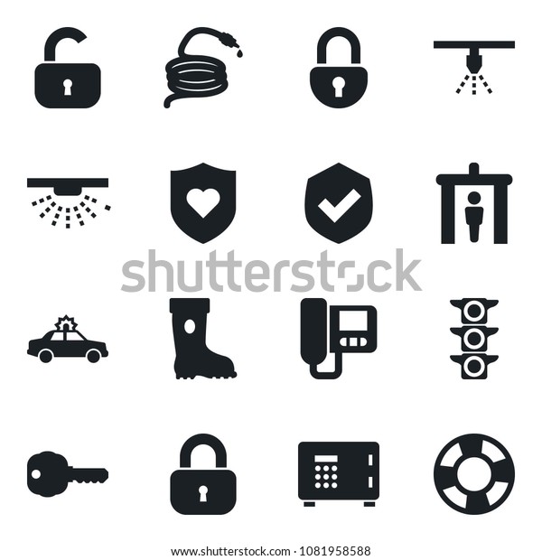 Set of vector\
isolated black icon - security gate vector, alarm car, safe, boot,\
hose, heart shield, traffic light, lock, key, intercome, sprinkler,\
crisis management