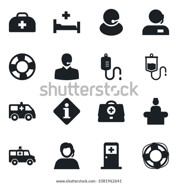 Set of vector isolated
black icon - reception vector, medical room, doctor case, dropper,
ambulance car, hospital bed, support, information, crisis
management