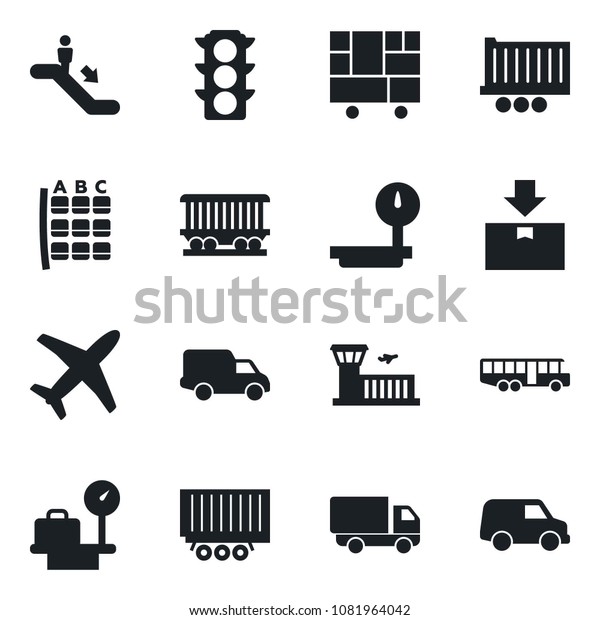 Set of vector isolated black icon - airport bus\
vector, escalator, seat map, luggage scales, building, railroad,\
plane, traffic light, truck trailer, car delivery, consolidated\
cargo, package, heavy