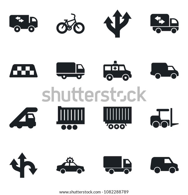 Set of vector isolated black icon - taxi vector,\
alarm car, fork loader, ladder, ambulance, bike, route, truck\
trailer, delivery, moving