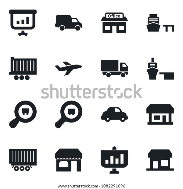 Set of vector isolated black icon - shop\
vector, store, plane, truck trailer, car delivery, sea port, search\
cargo, presentation,\
storefront