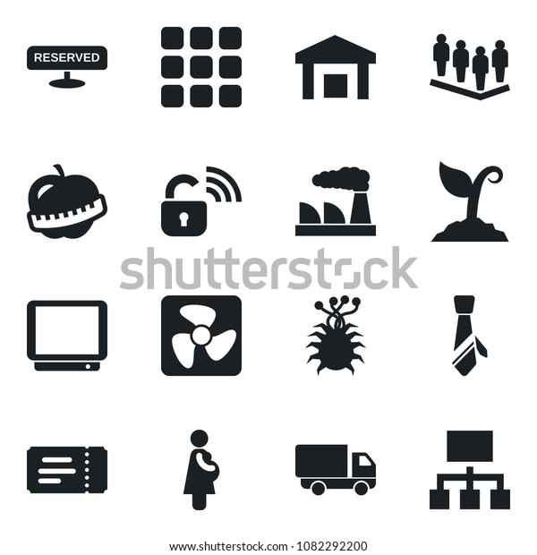 Set of\
vector isolated black icon - ticket vector, team, factory, sproute,\
diet, pregnancy, virus, car delivery, warehouse, tv, menu, tie,\
reserved, fan, wireless lock,\
hierarchy