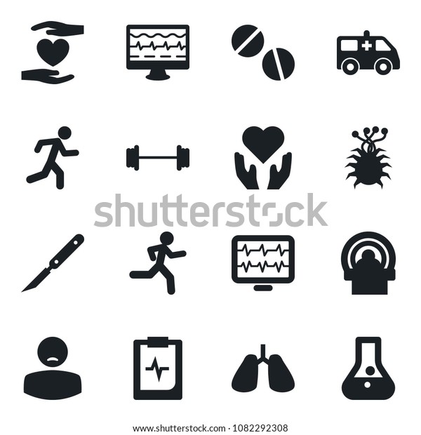 Set of vector\
isolated black icon - monitor pulse vector, pills, scalpel,\
tomography, ambulance car, barbell, run, heart hand, lungs,\
clipboard, patient, virus,\
flask