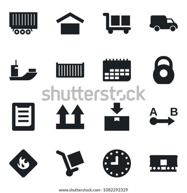 Set of vector isolated black icon - sea shipping\
vector, truck trailer, cargo container, car delivery, clock, term,\
clipboard, warehouse storage, up side sign, package, heavy,\
flammable, route