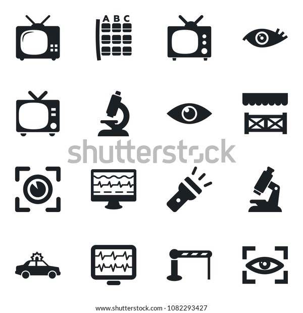 Set of vector isolated black icon - barrier vector,\
tv, alarm car, seat map, monitor pulse, microscope, eye, torch,\
alcove, scan