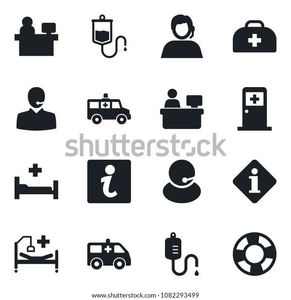 Set of vector isolated\
black icon - medical room vector, manager place, doctor case,\
dropper, ambulance car, hospital bed, support, information, crisis\
management