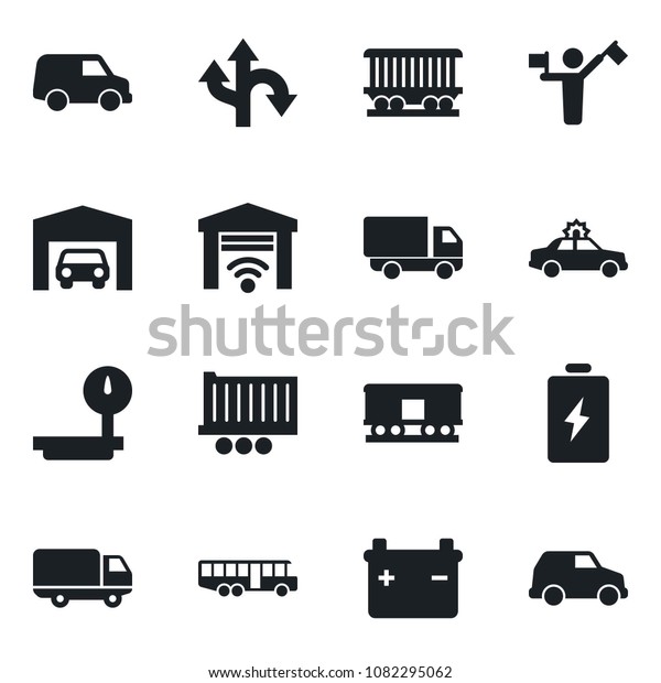 Set of vector isolated\
black icon - dispatcher vector, airport bus, alarm car, route,\
railroad, truck trailer, delivery, heavy scales, garage, gate\
control, battery