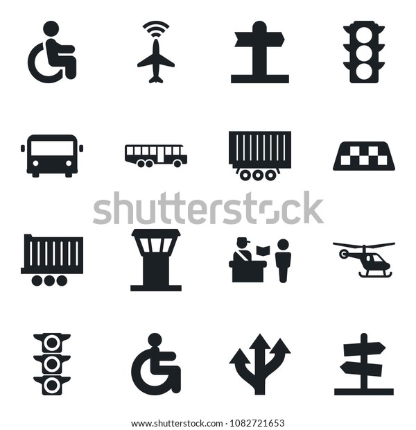 Set of vector\
isolated black icon - airport tower vector, plane radar, taxi, bus,\
passport control, helicopter, disabled, route, signpost, traffic\
light, truck trailer,\
guidepost