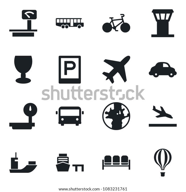 Set of\
vector isolated black icon - plane vector, airport tower, arrival,\
bus, parking, waiting area, bike, earth, sea shipping, car\
delivery, port, fragile, heavy scales, air\
balloon