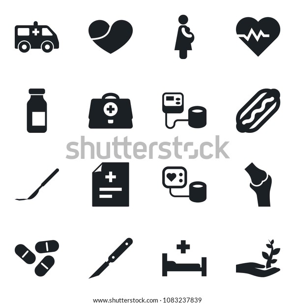 Set\
of vector isolated black icon - heart pulse vector, doctor case,\
diagnosis, blood pressure, pills, ampoule, scalpel, ambulance car,\
hospital bed, joint, pregnancy, hot dog, palm\
sproute