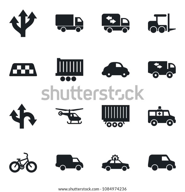 Set of vector isolated black icon - taxi\
vector, alarm car, fork loader, helicopter, ambulance, bike, route,\
truck trailer, delivery,\
moving