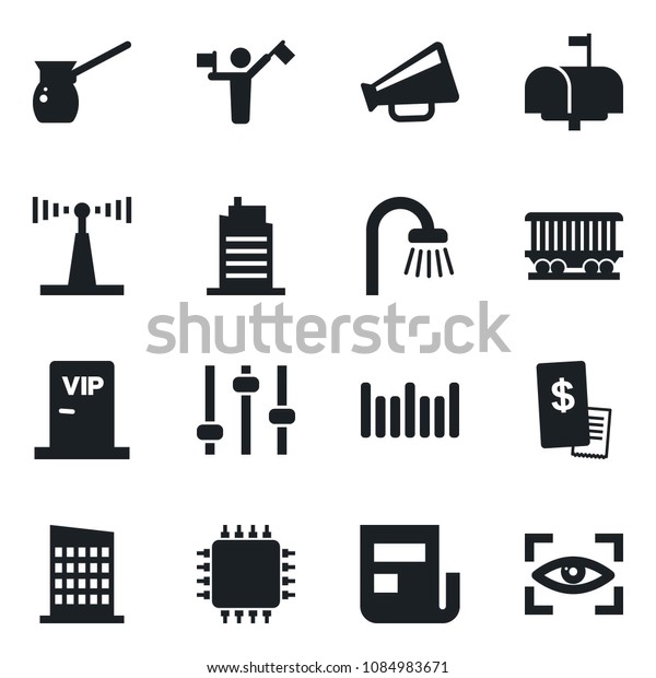 Set of vector isolated black icon - dispatcher\
vector, railroad, barcode, antenna, loudspeaker, tuning, news,\
bathroom, city house, mailbox, vip zone, restaurant receipt,\
turkish coffee, chip