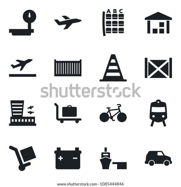 Set of vector isolated black icon - departure vector,
baggage trolley, train, border cone, seat map, airport building,
bike, plane, cargo container, sea port, warehouse, heavy scales,
battery, car