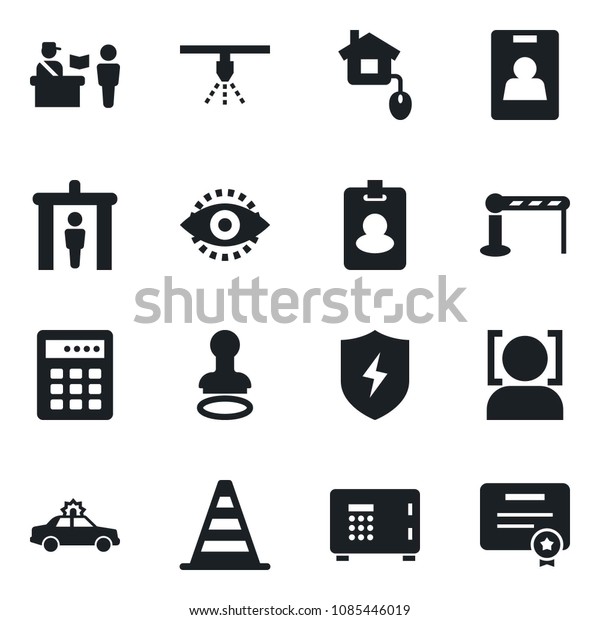 Set\
of vector isolated black icon - barrier vector, passport control,\
security gate, alarm car, stamp, border cone, safe, protect, face\
id, eye, identity card, home, combination lock,\
pass