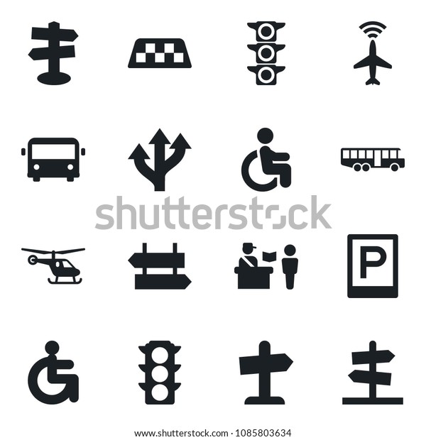 Set of vector isolated
black icon - plane radar vector, taxi, airport bus, parking,
passport control, signpost, helicopter, disabled, route, traffic
light, guidepost