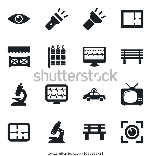 Set of vector isolated black icon - alarm car\
vector, seat map, bench, monitor pulse, microscope, eye, torch,\
plan, tv, alcove, scan