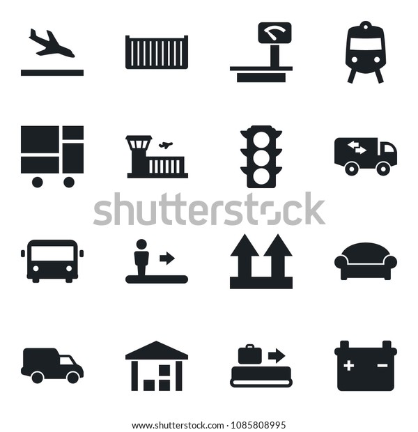Set of vector isolated black icon - arrival vector,\
baggage conveyor, airport bus, train, escalator, waiting area,\
building, traffic light, cargo container, car delivery,\
consolidated, up side sign