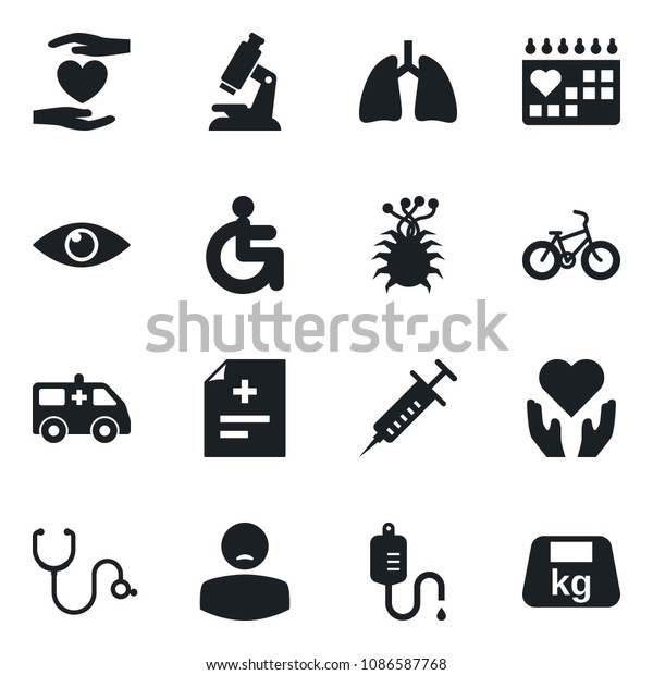 Set of vector isolated black icon - diagnosis\
vector, stethoscope, syringe, dropper, microscope, ambulance car,\
bike, disabled, heart hand, lungs, eye, medical calendar, patient,\
virus, heavy