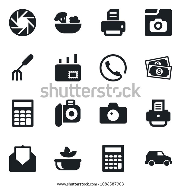 Set of vector isolated black icon - camera vector,\
printer, garden fork, cash, mail, mobile, photo gallery,\
calculator, phone, salad,\
car