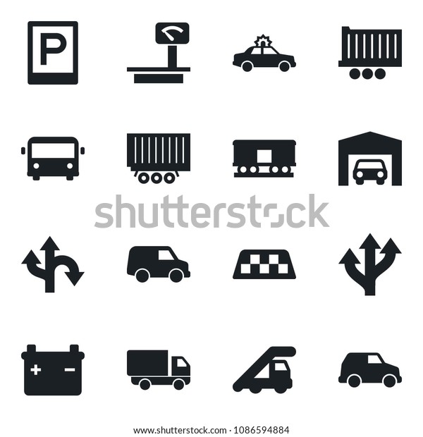 Set of vector isolated black\
icon - taxi vector, airport bus, parking, alarm car, ladder, route,\
truck trailer, delivery, heavy scales, railroad, garage,\
battery