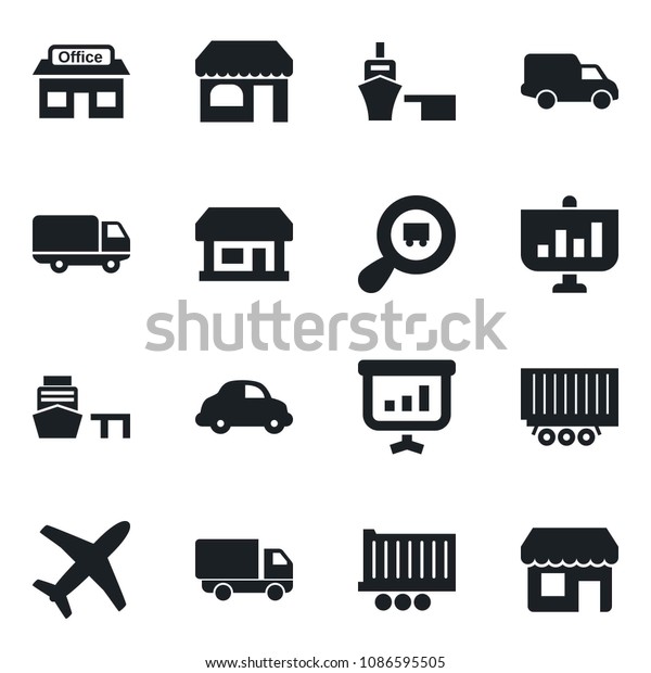 Set of vector isolated black icon - shop
vector, store, plane, truck trailer, car delivery, sea port, search
cargo, presentation,
storefront