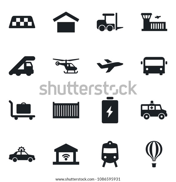 Set of vector isolated black icon - taxi vector,\
baggage trolley, airport bus, train, alarm car, fork loader,\
ladder, helicopter, building, ambulance, plane, cargo container,\
warehouse storage