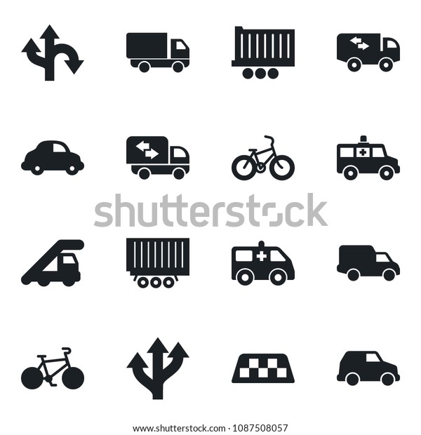 Set of\
vector isolated black icon - taxi vector, ladder car, ambulance,\
bike, route, truck trailer, delivery,\
moving