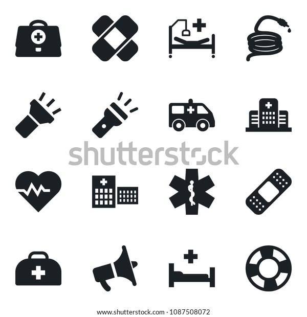 Set of vector isolated black icon -
hose vector, heart pulse, doctor case, patch, ambulance star, car,
hospital bed, loudspeaker, torch, crisis
management