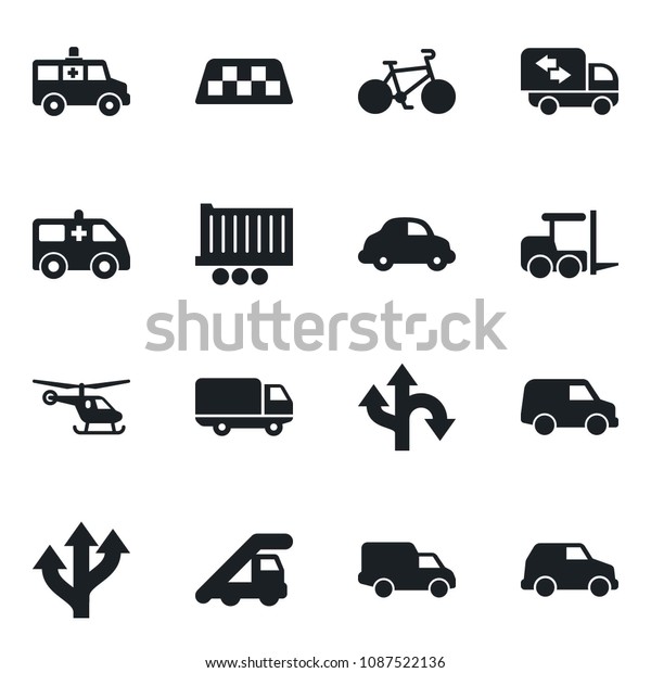 Set of vector isolated black icon - taxi vector,
fork loader, ladder car, helicopter, ambulance, bike, route, truck
trailer, delivery, moving