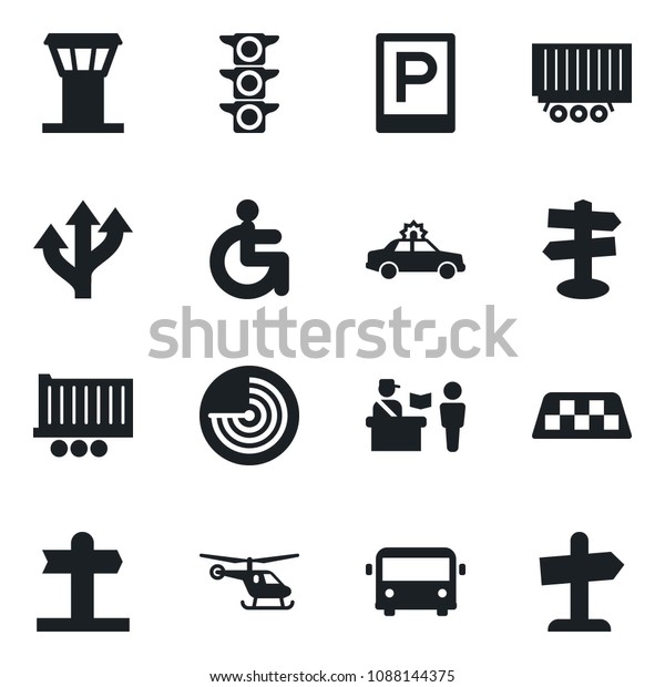 Set of vector isolated black icon - airport\
tower vector, taxi, bus, parking, passport control, alarm car,\
radar, helicopter, disabled, route, signpost, traffic light, truck\
trailer, guidepost