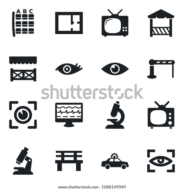 Set of vector isolated black icon - barrier vector,\
alarm car, seat map, bench, monitor pulse, microscope, eye, plan,\
tv, alcove, scan